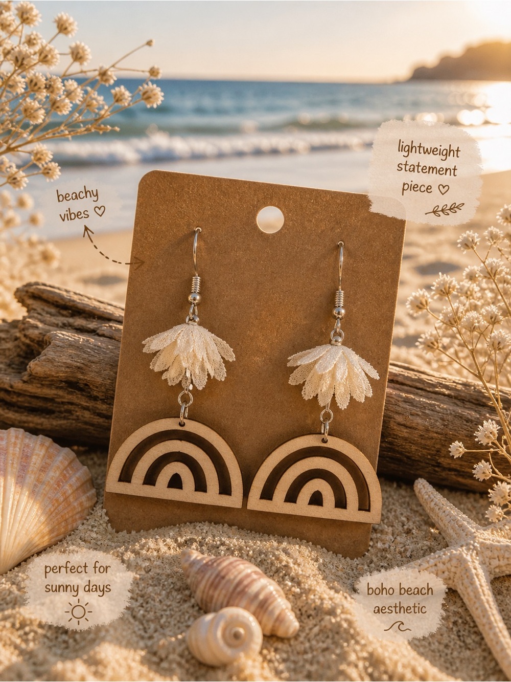 Hand Crafted Beige & Natural Wood Boho Rainbow Dangle Earrings